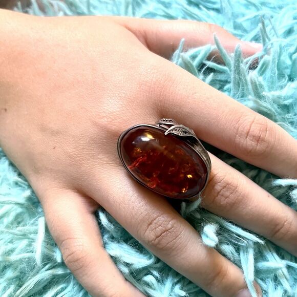 Vintage Large 925 Sterling Silver & Amber Ring Size 7.25 - Picture 5 of 12